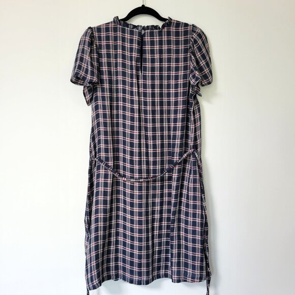 LOFT Plaid Ruffle Tie-Waist Dress Navy Red Plaid with Pockets Americana - Picture 6 of 12